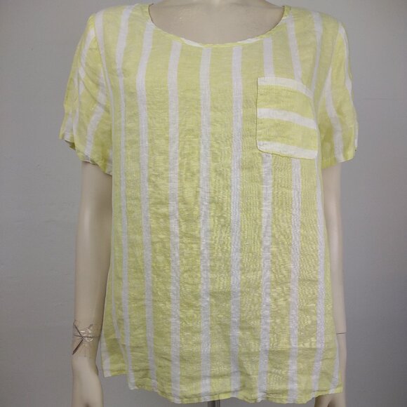 NWT Christian Siriano yellow white striped 100% Linen short sleeve top Large - Picture 1 of 9
